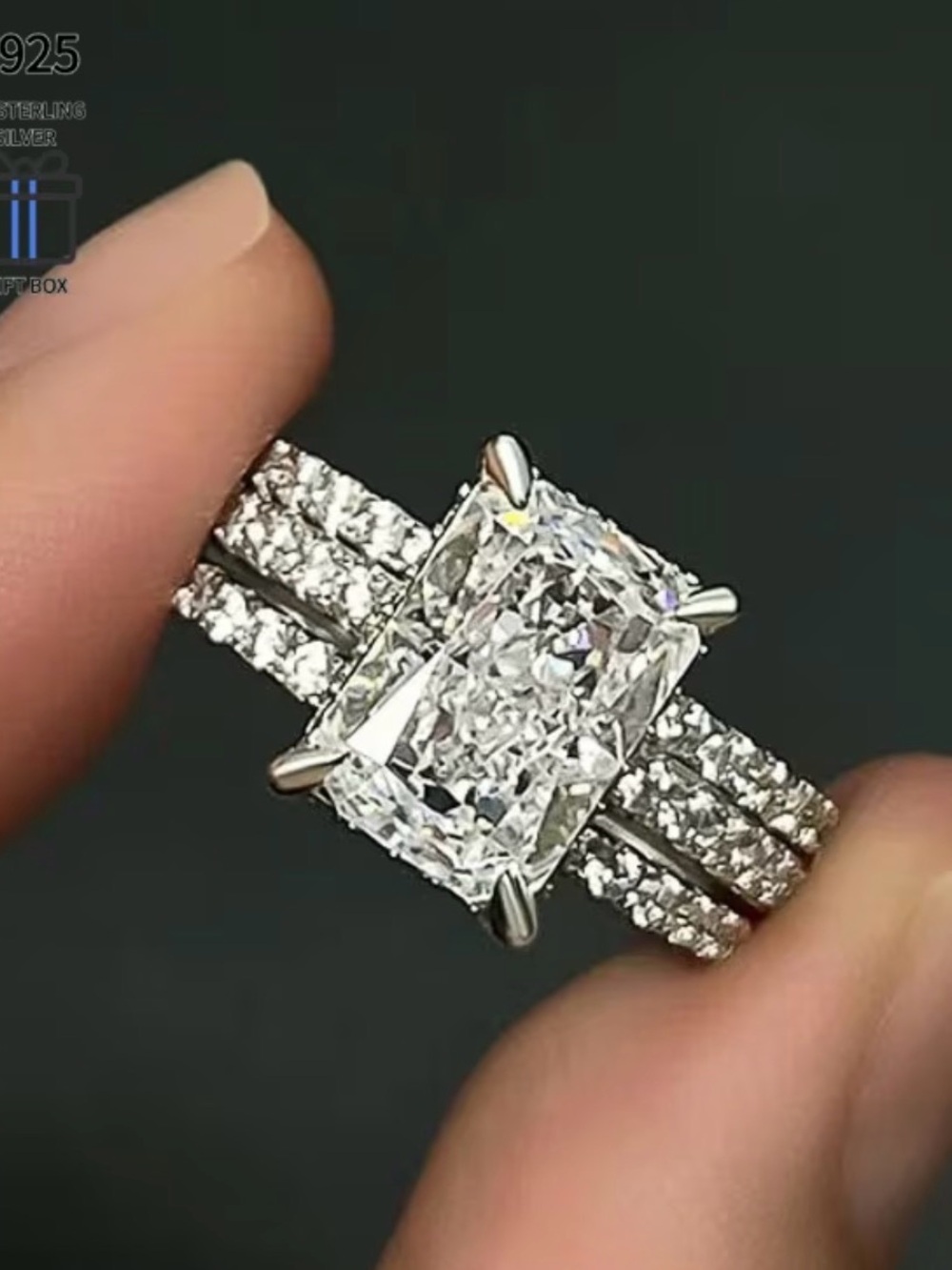 NWT-3ct Radiant Cut Moissanite Sterling Silver Plated 3-Piece  Ring Set